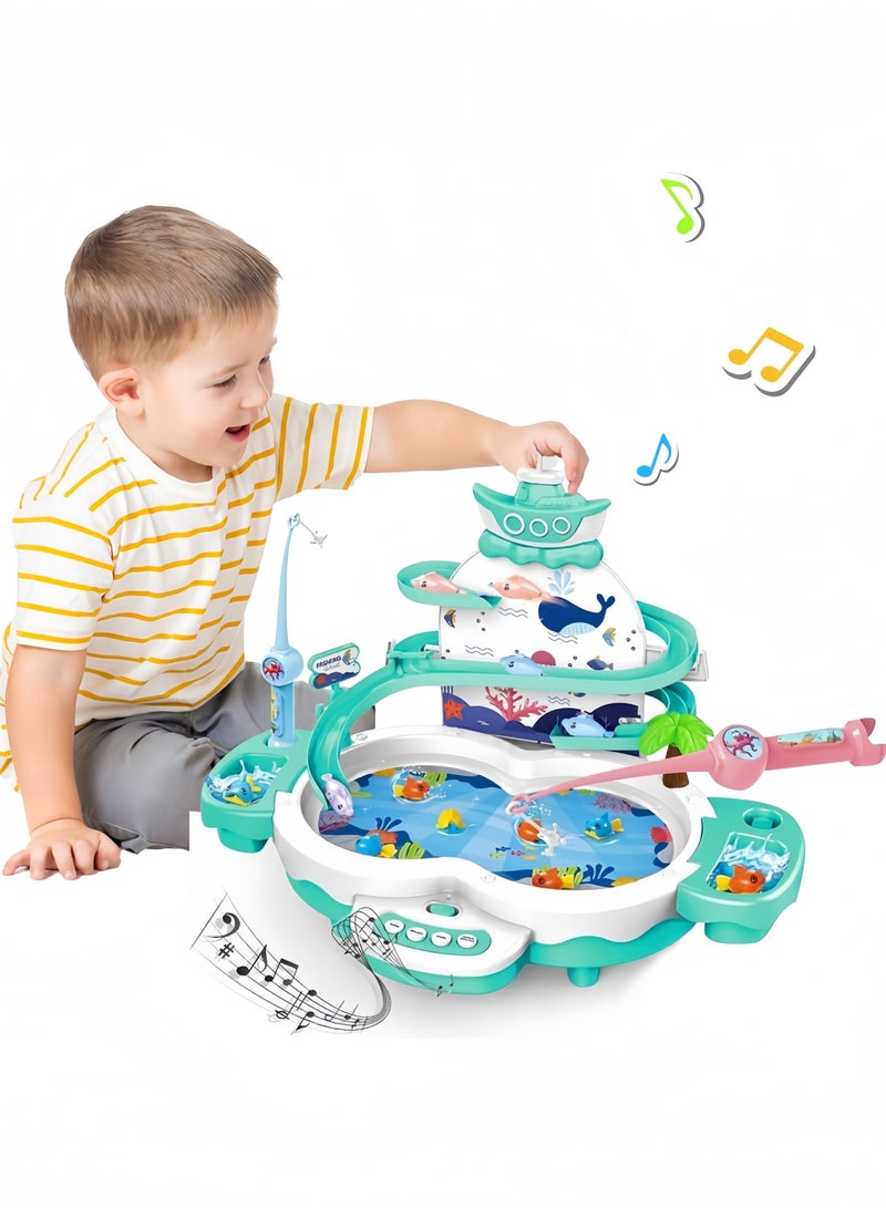 GGEROU Magnetic Baby Fishing Toy Set, 3 in 1 Fishing Game for Toddlers & Kids with Slideway & Music Story, 12 Fish, 6 Dolphins, 2 Toy Fishing Poles, Learning Educational Toys Sound Effect Toy, Green - Image 1