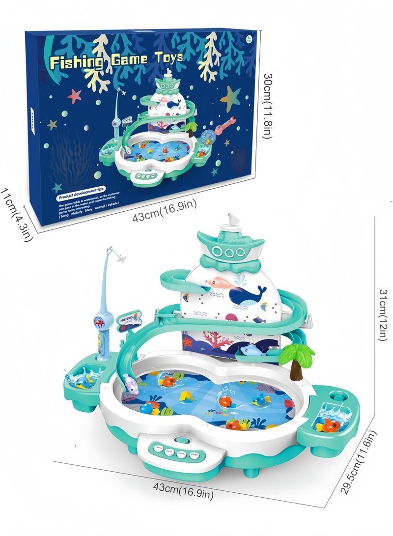 GGEROU Magnetic Baby Fishing Toy Set, 3 in 1 Fishing Game for Toddlers & Kids with Slideway & Music Story, 12 Fish, 6 Dolphins, 2 Toy Fishing Poles, Learning Educational Toys Sound Effect Toy, Green - Image 5