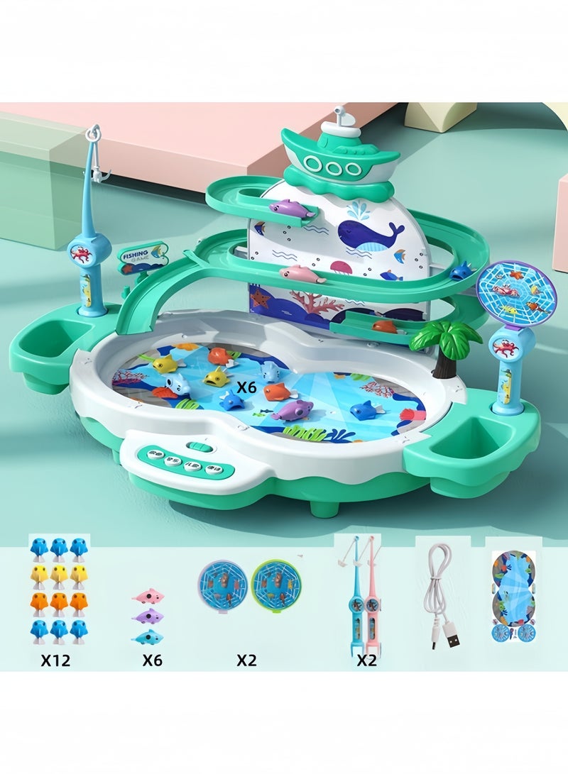 GGEROU Magnetic Baby Fishing Toy Set, 3 in 1 Fishing Game for Toddlers & Kids with Slideway & Music Story, 12 Fish, 6 Dolphins, 2 Toy Fishing Poles, Learning Educational Toys Sound Effect Toy, Green - Image 4