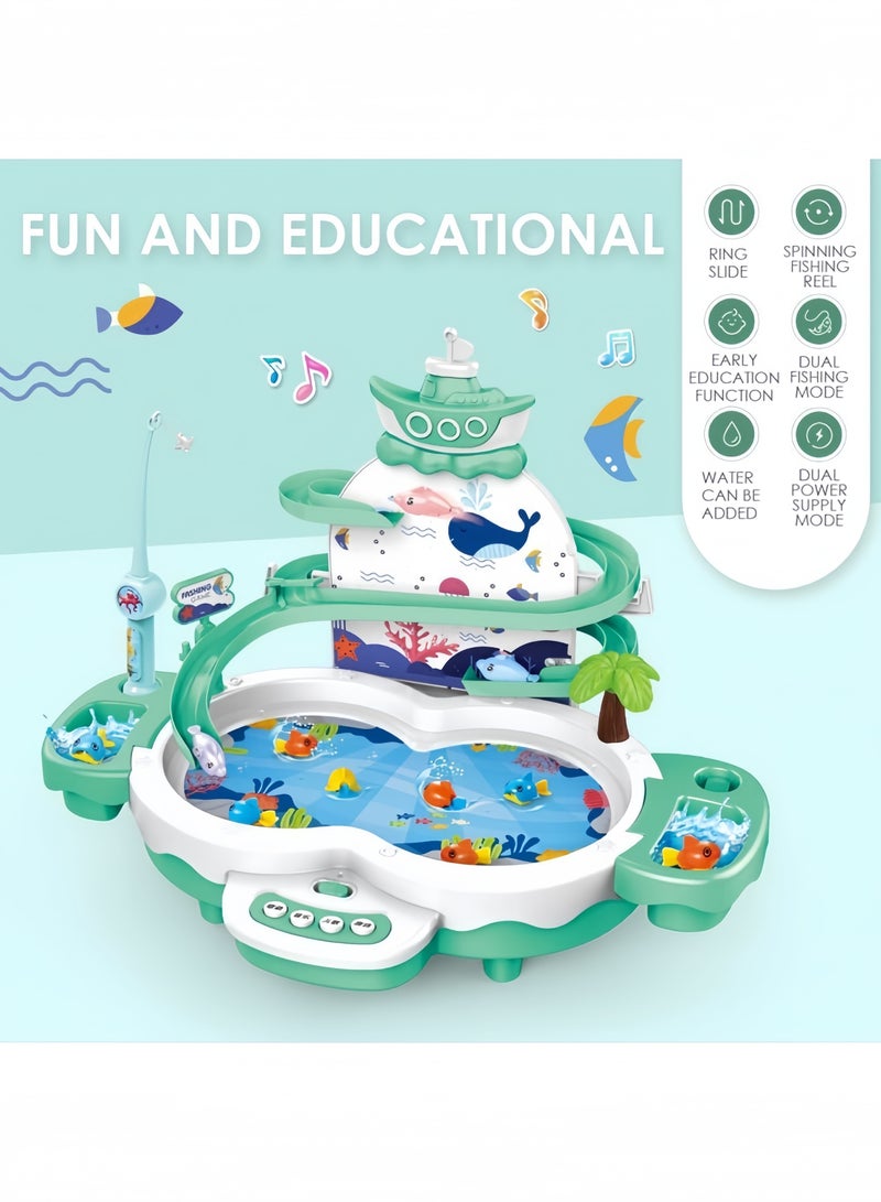 GGEROU Magnetic Baby Fishing Toy Set, 3 in 1 Fishing Game for Toddlers & Kids with Slideway & Music Story, 12 Fish, 6 Dolphins, 2 Toy Fishing Poles, Learning Educational Toys Sound Effect Toy, Green - Image 2