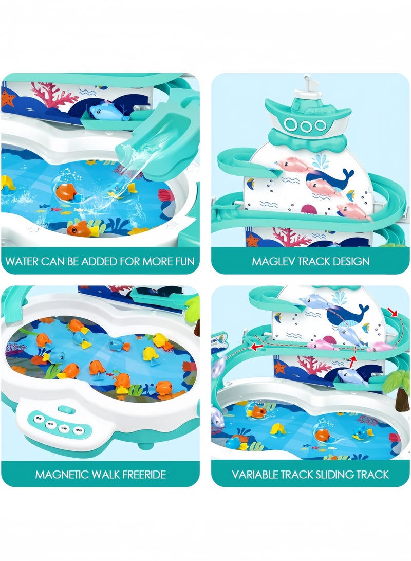 GGEROU Magnetic Baby Fishing Toy Set, 3 in 1 Fishing Game for Toddlers & Kids with Slideway & Music Story, 12 Fish, 6 Dolphins, 2 Toy Fishing Poles, Learning Educational Toys Sound Effect Toy, Green - Image 3