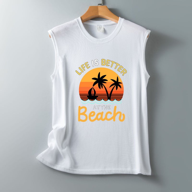 2022 New Life Is Better Seascape Pattern Loose Casual Round Neck Sleeveless T-Shirt - Image 1