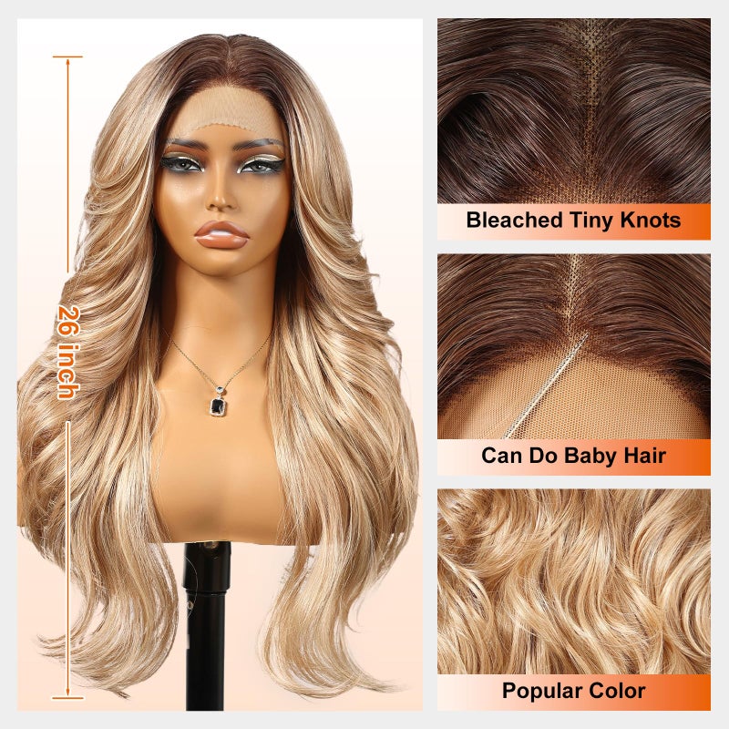 KOME Dirty Blonde Synthetic Lace Front Wig,13x4 HD Lace Layered Wave Glueless Wigs for Women Daily Use 26IN - Image 4