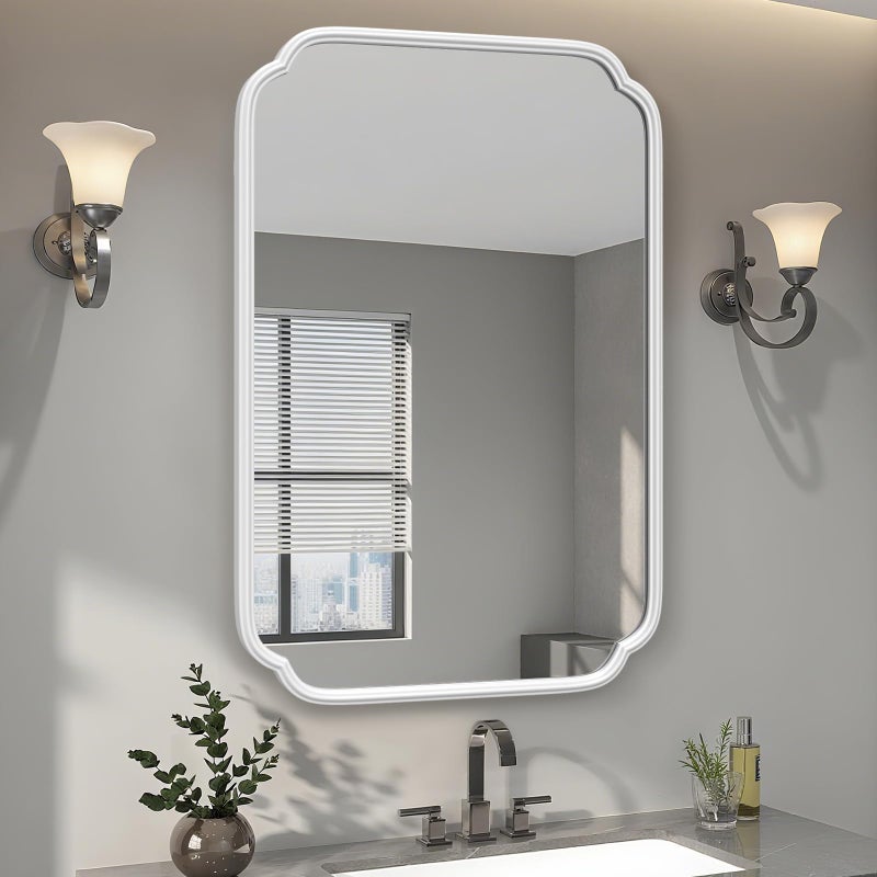 Ferytange مرآة حمام فريتنج بيضاء فوق الحوض 24×36 بوصة - إطار حديدي متين بأحجام متعددة، زجاج مقاوم للكسر، متعددة الاستخدامات لتزيين الحمام/غرفة النوم/غرفة المعيشة (تركيب أفقي أو عمودي) - Image 1