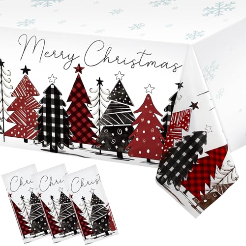 WovWeave 3 Pack Christmas Table Cloth Disposable Christmas Tree Tablecloth Buffalo Plaid Xmas Snowflake Plastic Table Cover Xmas Table Cloth for Xmas Holiday Party Picnic Dinner Decor54x108inch - Image 1