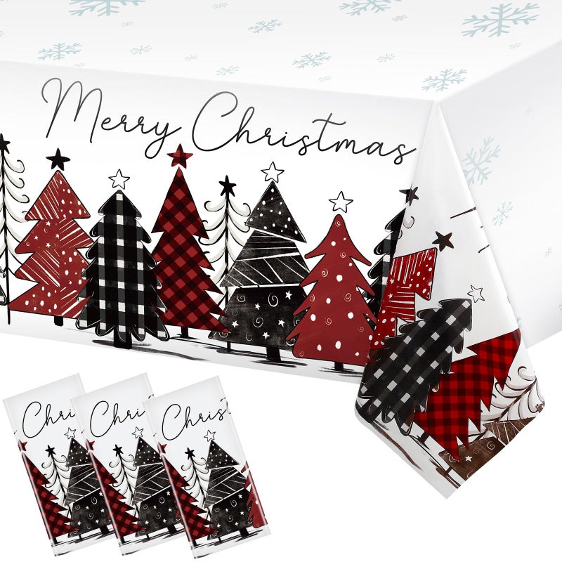 WovWeave 3 Pack Christmas Table Cloth Disposable Christmas Tree Tablecloth Buffalo Plaid Xmas Snowflake Plastic Table Cover Xmas Table Cloth for Xmas Holiday Party Picnic Dinner Decor54x108inch - Image 2