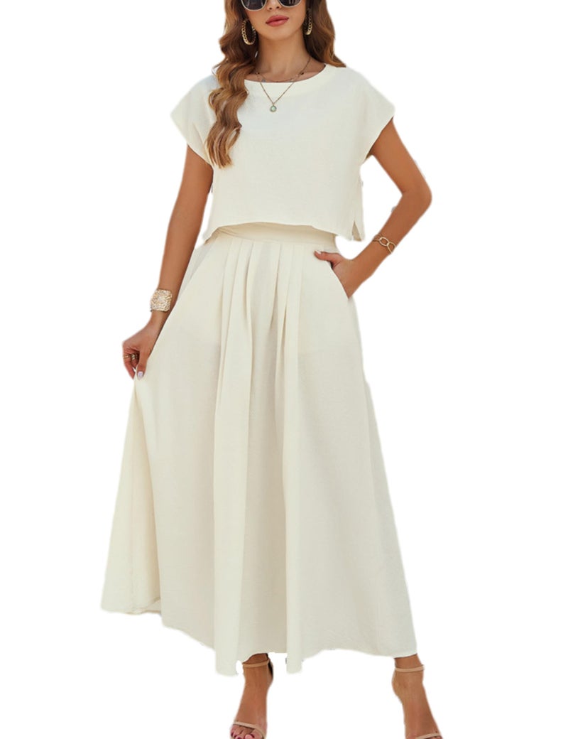 HangNiFang Summer Skirt Sets Women 2 Piece Outfits Cap Sleeve Top Elastic Waist Maxi Dress Sets with Pockets(1218-Beige-M) - Image 1