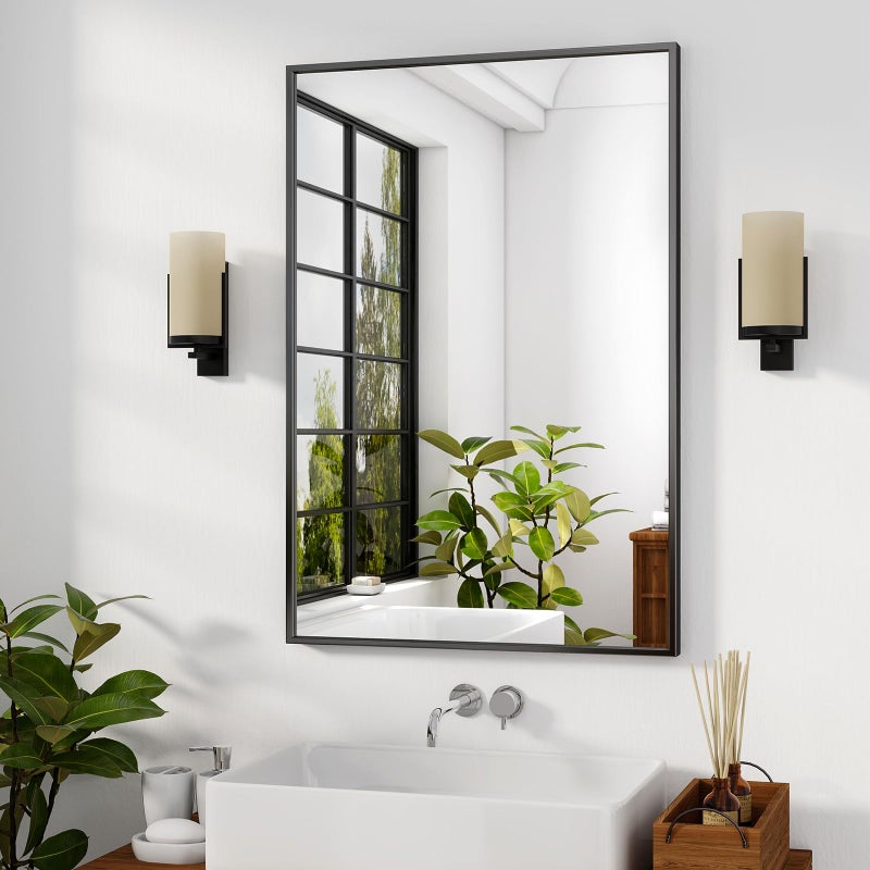 HARRITPURE 28x20 Bathroom Mirror for Wall Black Framed Rectangle Mirror Aluminum Alloy Frame WallMounted HorizontallyVertically for EntrywayBedroomVanity