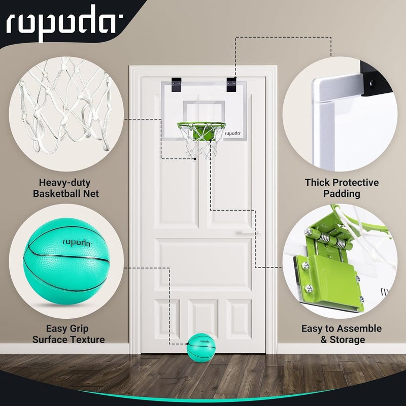 ROPODA حلقة كرة السلة المصغرة - تتوهج في الظلام، حلقة كرة السلة فوق الباب داخل المنزل، حلقة كرة السلة الداخلية مع لوحات خلفية للمراهقين والبالغين، حلقة مصغرة للأطفال مع 4 كرات ومضخة - Image 5