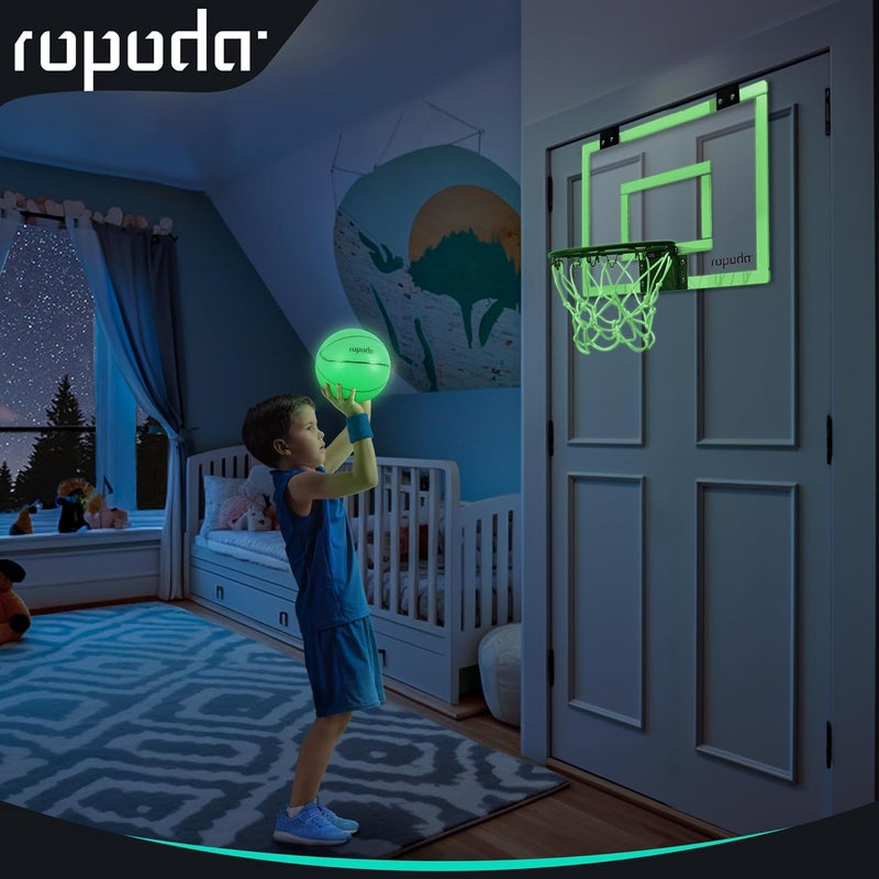 ROPODA حلقة كرة السلة المصغرة - تتوهج في الظلام، حلقة كرة السلة فوق الباب داخل المنزل، حلقة كرة السلة الداخلية مع لوحات خلفية للمراهقين والبالغين، حلقة مصغرة للأطفال مع 4 كرات ومضخة - Image 3