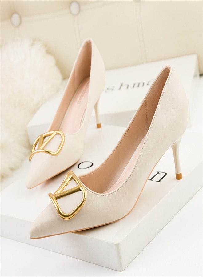 Eloshman 6cm Fashion Professional Shallow Mouth Pointed Metal V-Home Square Button Thin Heel High Heel Beige - Image 1
