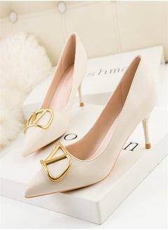 Eloshman 6cm Fashion Professional Shallow Mouth Pointed Metal V-Home Square Button Thin Heel High Heel Beige  - Image 2