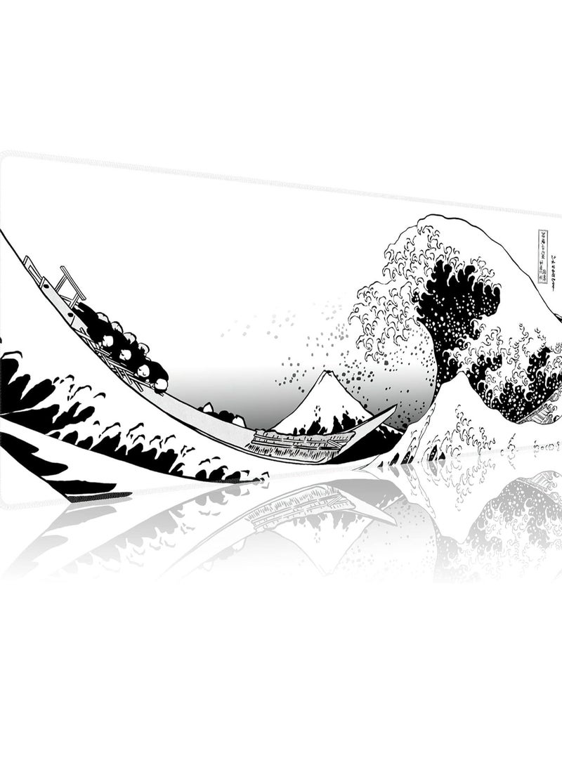 Oasisgalore - Mouse Pad, Large Gaming Mousepad Japanese Wave Anime Desk Mat Mouse Pad Waterproof Desk Pad with Non-Slip Base and Stitched Edges，31.5x11.8 In - Image 1