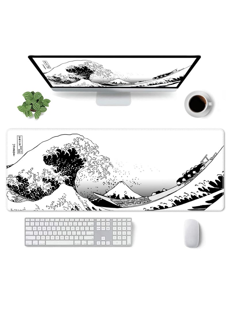 Oasisgalore - Mouse Pad, Large Gaming Mousepad Japanese Wave Anime Desk Mat Mouse Pad Waterproof Desk Pad with Non-Slip Base and Stitched Edges，31.5x11.8 In - Image 1