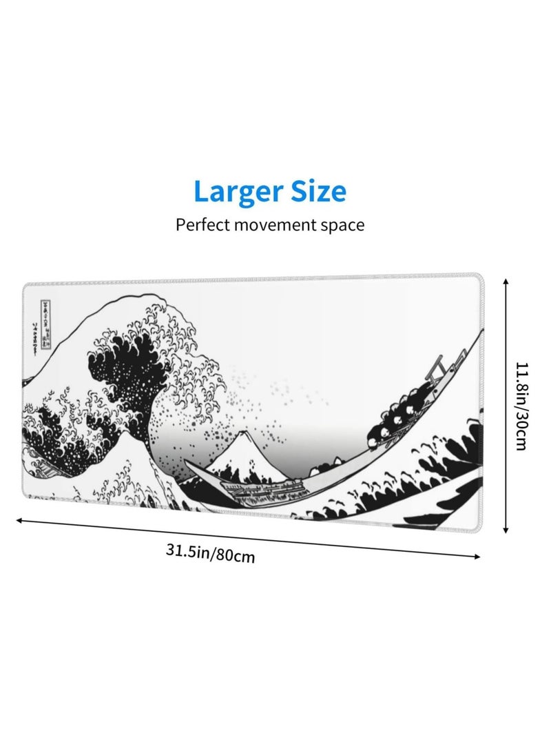 Oasisgalore - Mouse Pad, Large Gaming Mousepad Japanese Wave Anime Desk Mat Mouse Pad Waterproof Desk Pad with Non-Slip Base and Stitched Edges，31.5x11.8 In - Image 1