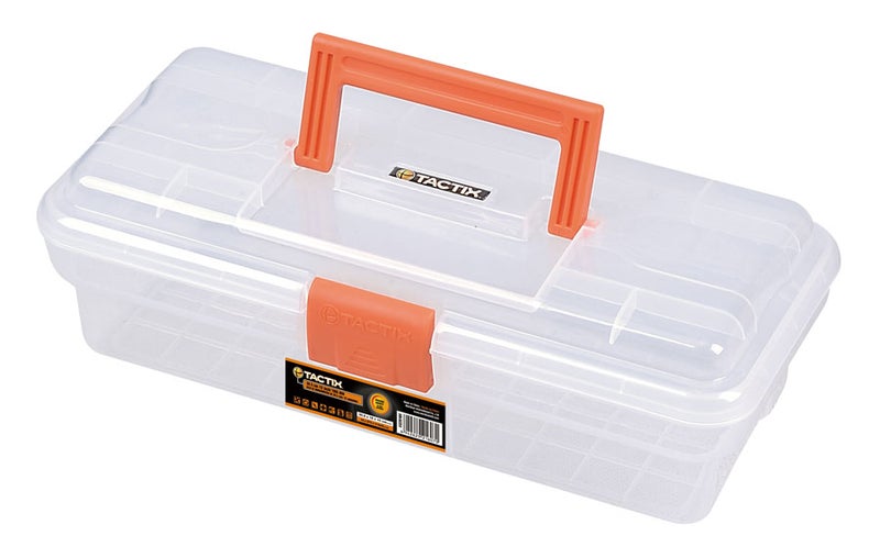 Tactix 12 Inch Plastic Tool Box, Plastic Storage Bin With Lid And Handle, Hobby Or Craft Storage, Transparent/Orange, Dimensions: 30.5W X 15D X 10H Cm- 320104 Clear 30.5cm