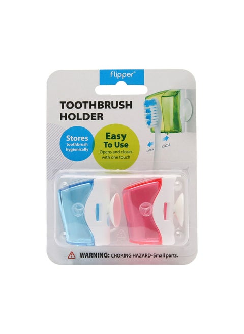 Flipper Toothbrush Holder Case with Suction Cup, 2 Pcs (Blue & Pink) Wall Toothbrush Holder with Cover Case, for Kids and Adult- FLR-BS-BL-PN Multicolour