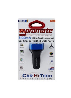 PROMATE Ultra-Fast Universal Car Charger With 3 USB Ports Blue  - Image 2