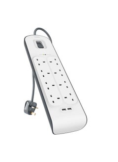 belkin Belkin 8 Way/8 Plug Surge Protection Strip With 2 Meters Cord Length - Heavy Duty Electrical Extension Socket with 2 x 2.4 A Shared USB Ports White 2meter 