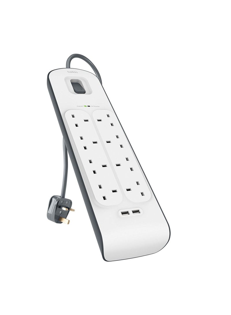 belkin Belkin 8 Way/8 Plug Surge Protection Strip With 2 Meters Cord Length - Heavy Duty Electrical Extension Socket with 2 x 2.4 A Shared USB Ports White 2meter 