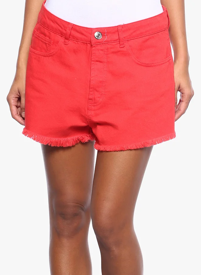FOREVER 21 Button-Front Denim Shorts Red