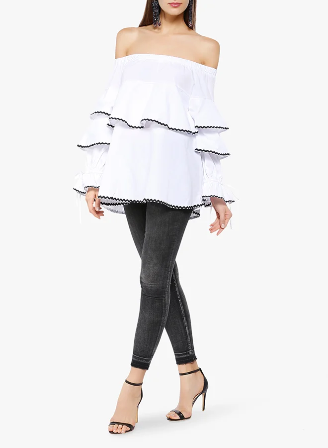 Stock Ruffle LayeBardot Off Shoulder Top White