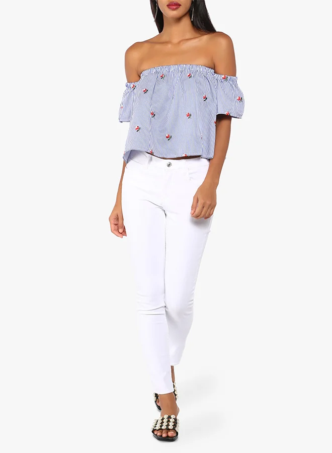 High Streets Embroided Stripe Bardot Cold Shoulder Top Blue