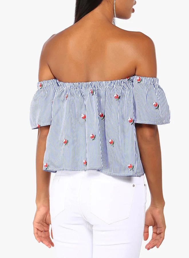 High Streets Embroided Stripe Bardot Cold Shoulder Top Blue