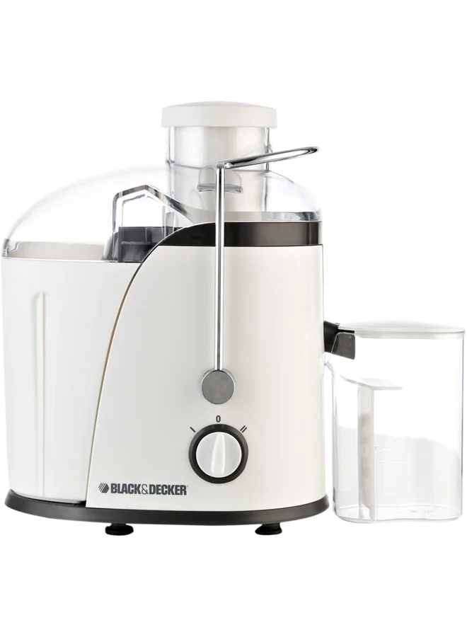 BLACK+DECKER High-Speed Juice Extractor, 65mm XL Feed Chute, 1.3L Pulp Container, 350ml Juice Cup, BPA Free, Stainless Steel Filter, Easy Fruit and Vegetable Juicing, 1.3 L 400 W JE400-B5 White