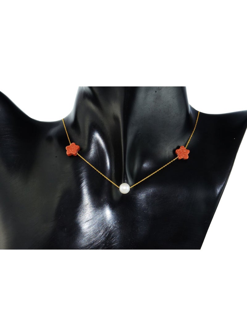 Vera Perla - 18K Solid Gold Star Sunstones And Pearl Necklace - Image 1