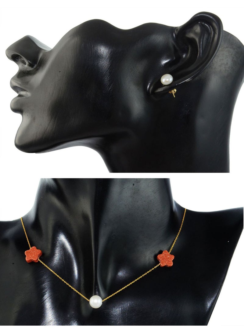 Vera Perla - 18 Karat Solid Gold Star Sunstones And Pearl Jewellery Set - Image 1
