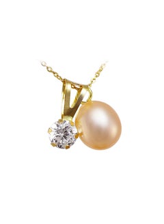 18k Solid Gold 7mm Pearl And CZ Solitaire Pendants Necklace