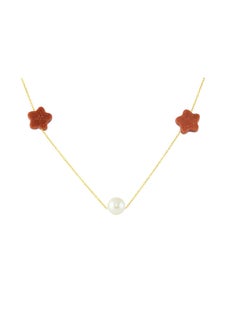 18K Solid Gold Star Sunstones And Pearl Necklace