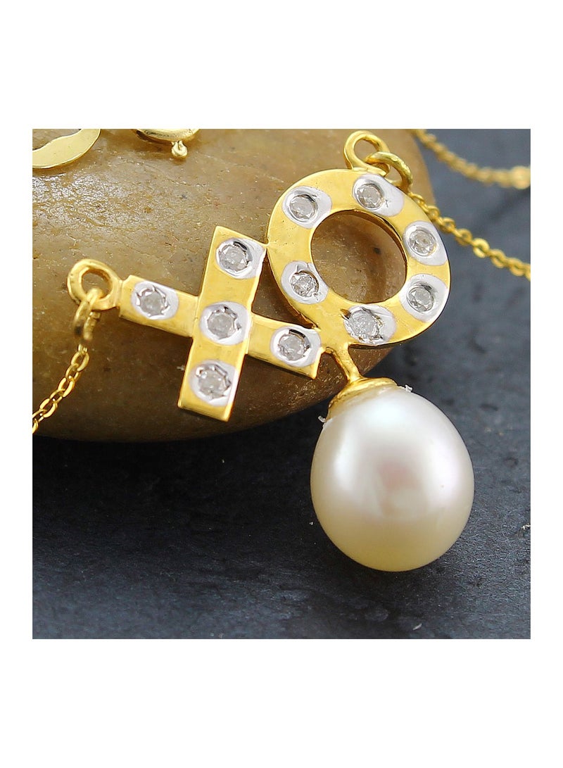 Vera Perla 10k Solid Gold And 0.11cts Diamonds XO Necklace with 7mm Genuine Pearl  - Image 3