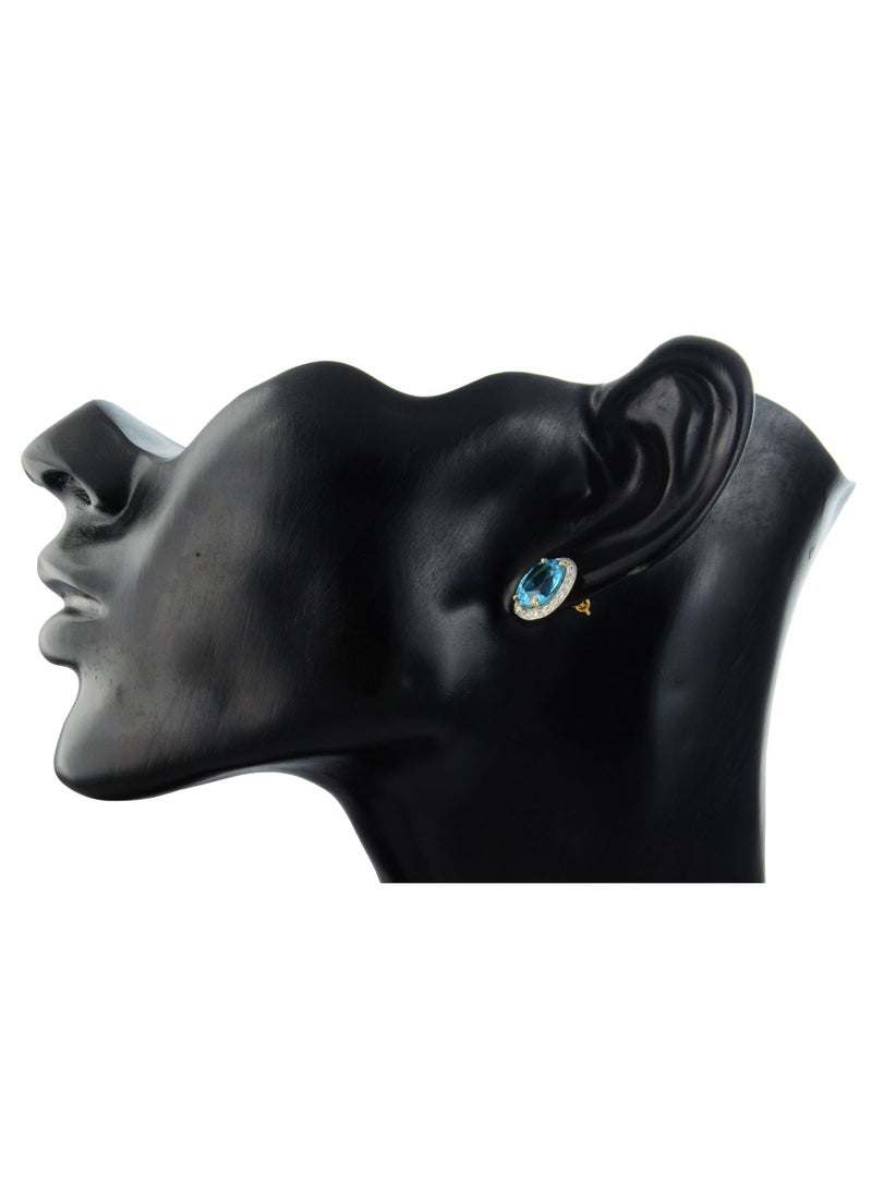 Vera Perla 18k Gold 10mm Genuine Oval Cut Swiss Blue Topaz 0.24Ct Genuine Diamonds Earrings  - Image 3