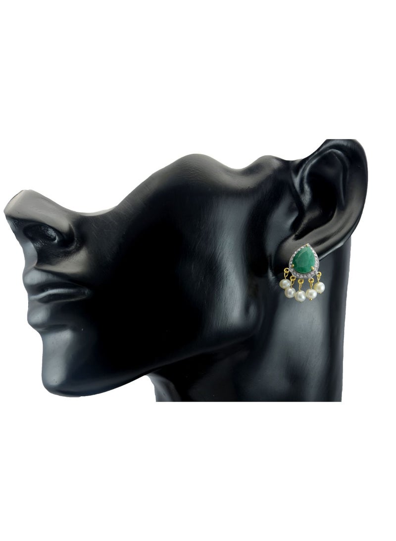Vera Perla 18K Gold 0.24ct Diamonds Royal Indian Emerald Earrings  - Image 3