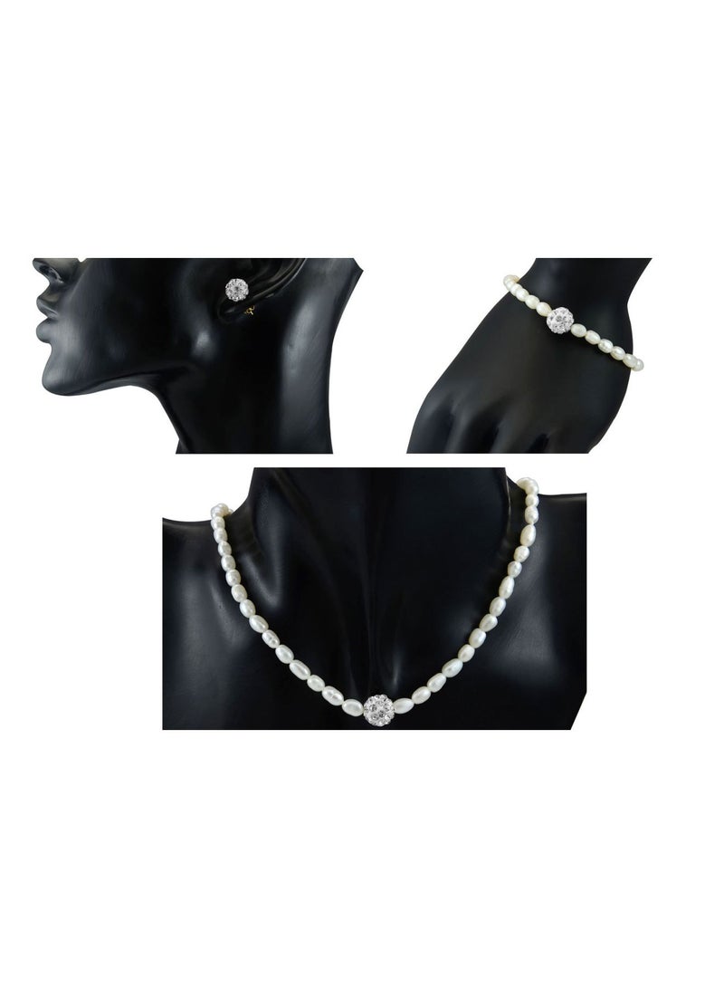 Vera Perla - 10K Crystal Balls & Pearls Strand 3 Piece Jewelry Set - Image 1