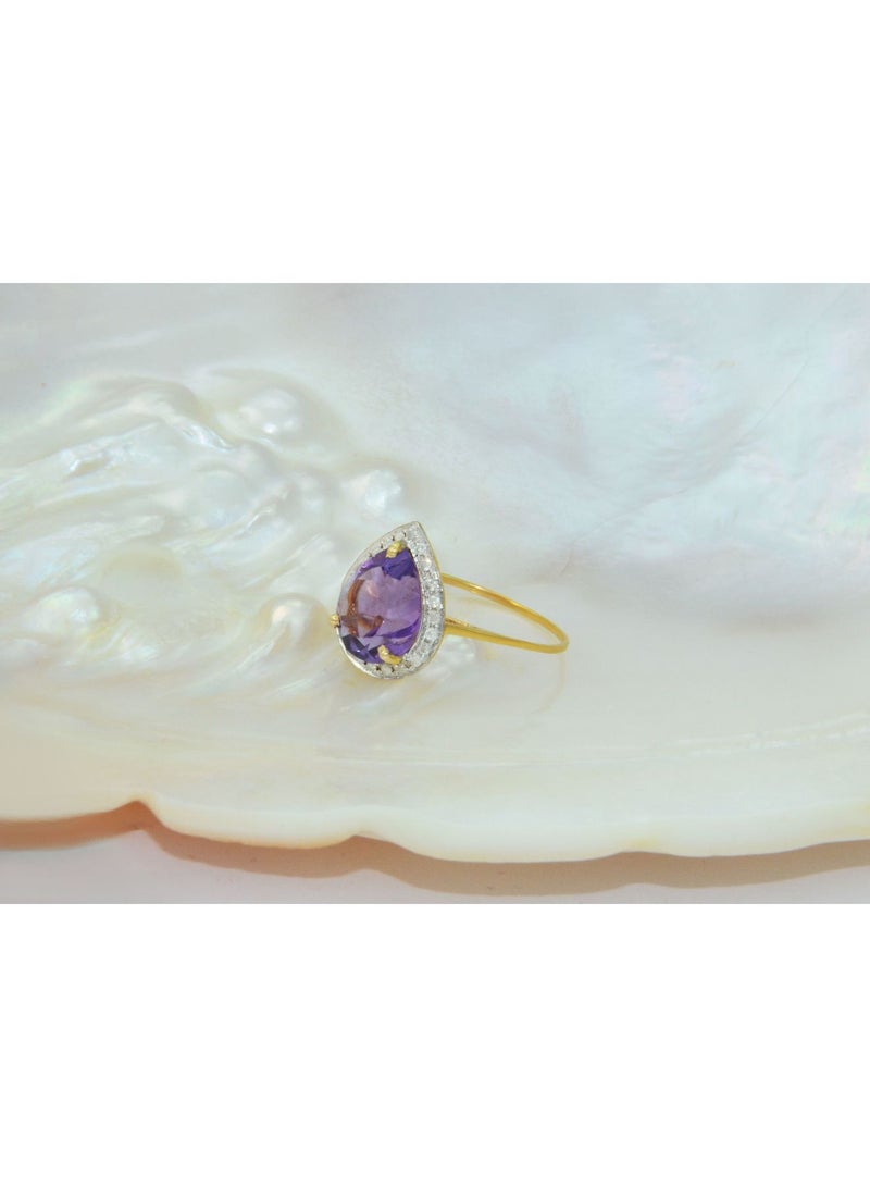Vera Perla 18k Gold 10mm Genuine Drop Cut Amethyst 0.12Ct Genuine Diamonds Ring  - Image 2