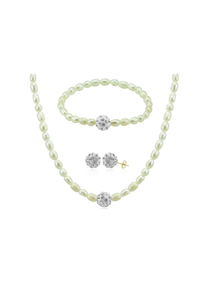 Vera Perla - 10K Crystal Balls & Pearls Strand 3 Piece Jewelry Set - Image 1