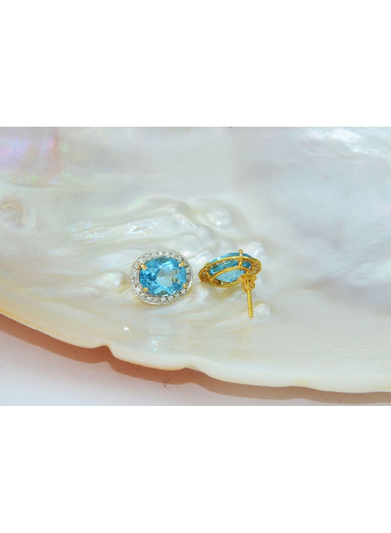 Vera Perla 18k Gold 10mm Genuine Oval Cut Swiss Blue Topaz 0.24Ct Genuine Diamonds Earrings  - Image 2
