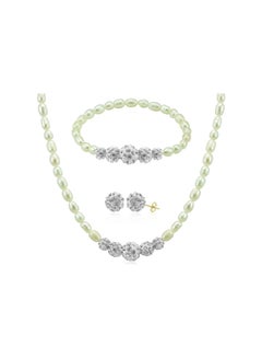 Vera Perla Set of 3 10 Karat Gold Gradual Crystal Balls And Pearls Beads Earrings, Necklace and Bracelet  - Image 1