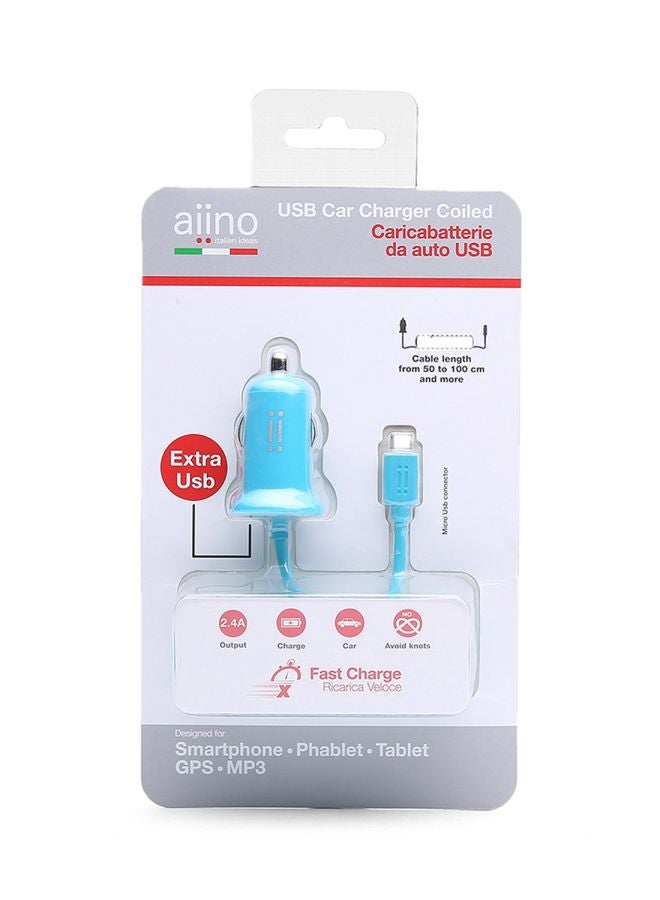 aiino Car Charger 2.4A With Built-In MicroUSB Coiled Cable Blue 