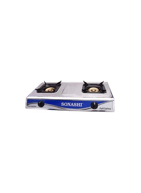 Double Burner Gas Stove - Durable Stainless Steel Body with Piezo Ignition System | LPG with Low Gas Consumption and 5.1KW Maximum Power | No Matches or Batteries Needed SGB - 203SFFD Silver