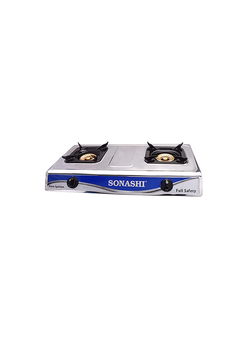 SONASHI - Double Burner Gas Stove - Durable Stainless Steel Body with Piezo Ignition System | LPG with Low Gas Consumption and 5.1KW Maximum Power | No Matches or Batteries Needed SGB - 203SFFD Silver - Image 1