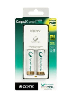 Compact Battery Charger With 2 AA Cycle Rechargeable White