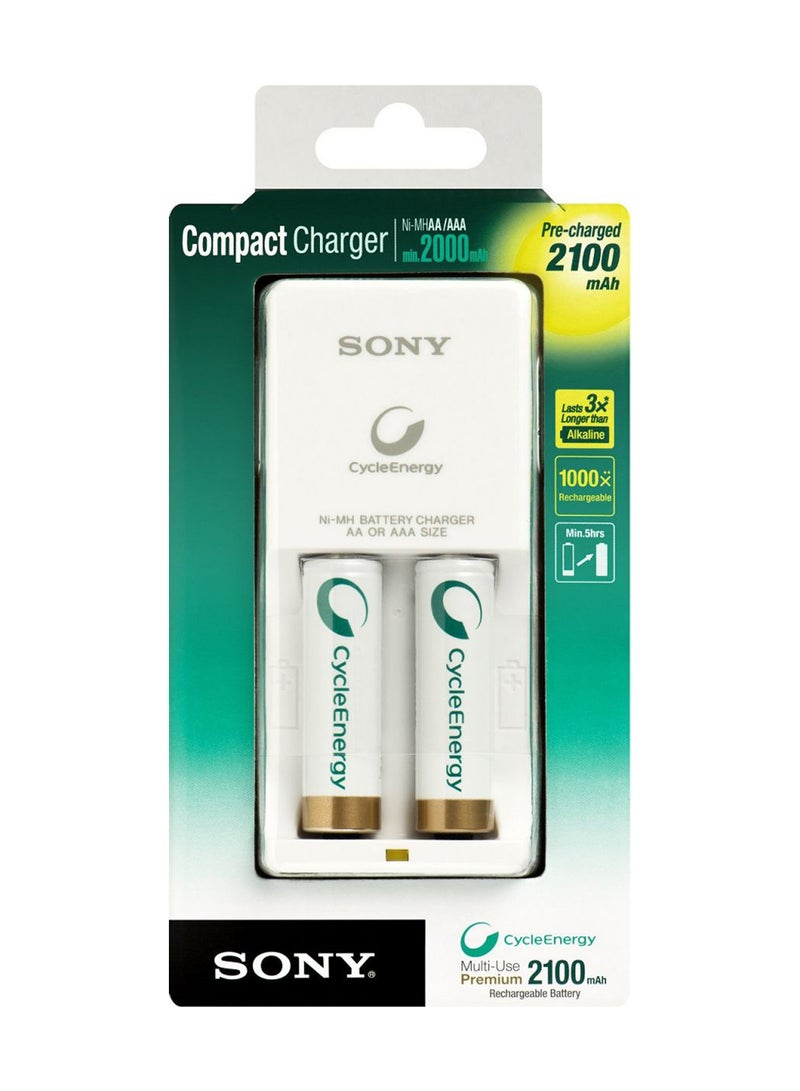 Sony Compact Battery Charger With 2 AA Cycle Rechargeable White 