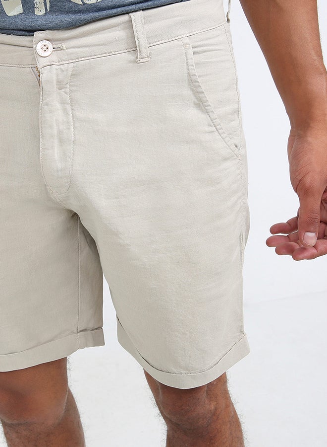Lois Folded Hem Bottom Linen Shorts 483 Beige  - Image 4