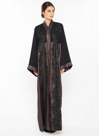 Classy Shimmering Abaya With Lace Running Down Along The Closing And Sleeves Brown/Black - v1506619326/N12122263V_1