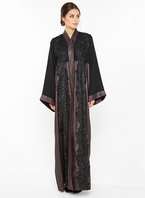 Classy Shimmering Abaya With Lace Running Down Along The Closing And Sleeves Brown/Black