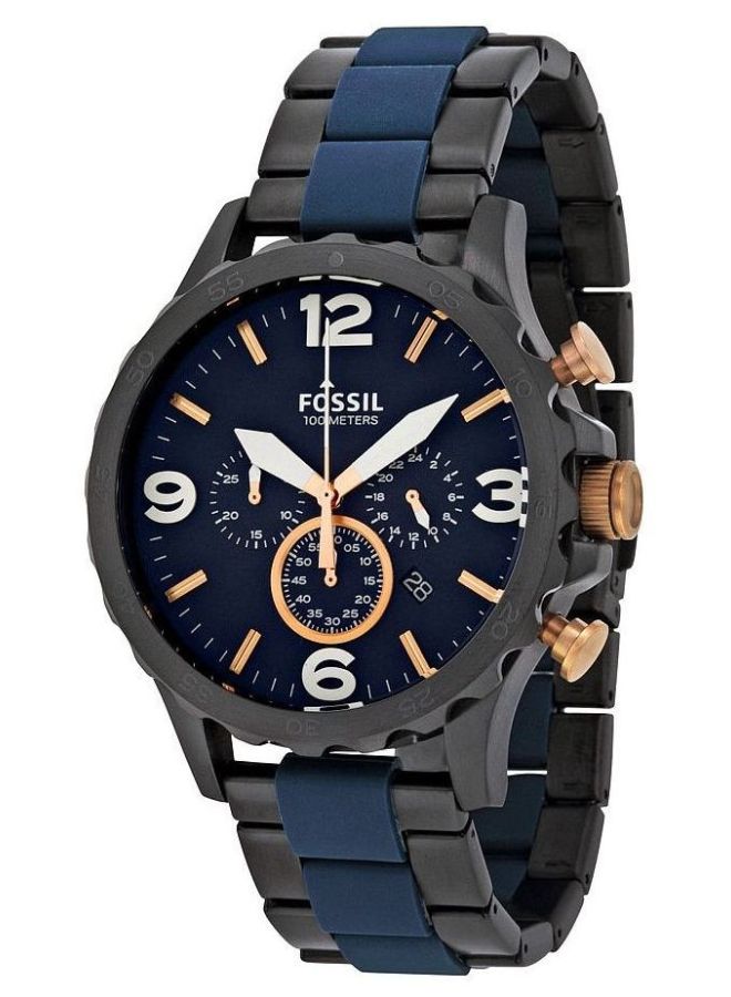 فوسيل ساعة يد كوارتز بعقارب من نيت طراز JR1494 - مقاس 50 مم - لون أسود/أزرق للرجال